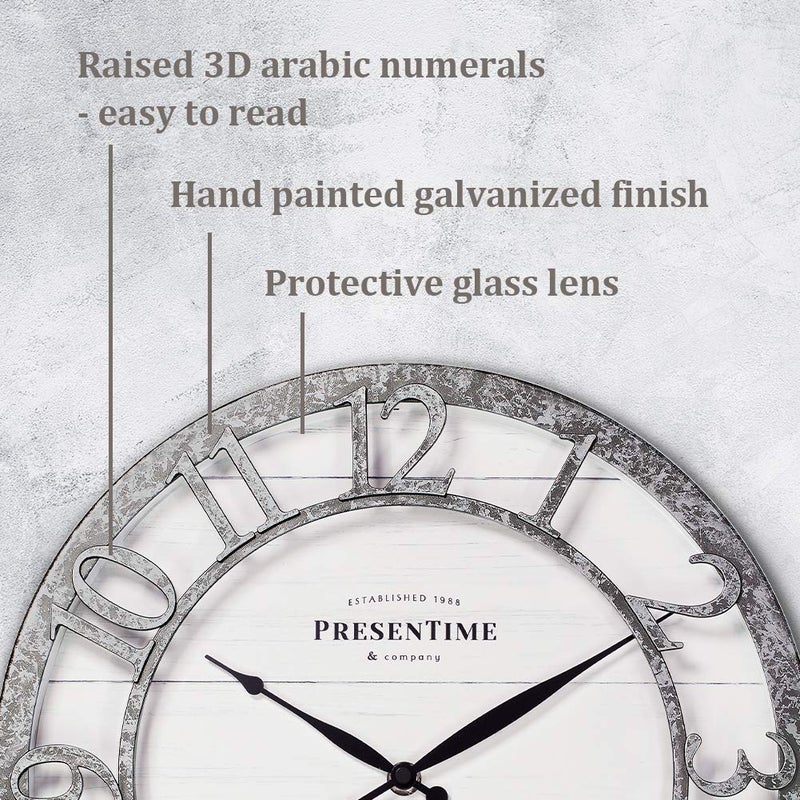 Presentime & Co 13" Farmhouse Series Wall Clock, Quartz Movement, Shiplap Style,Raised 3D Arabic Numeral, Galvanized Finish - Image 3